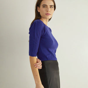 Ribbed Elbow Puff Sleeve Crew in Blue