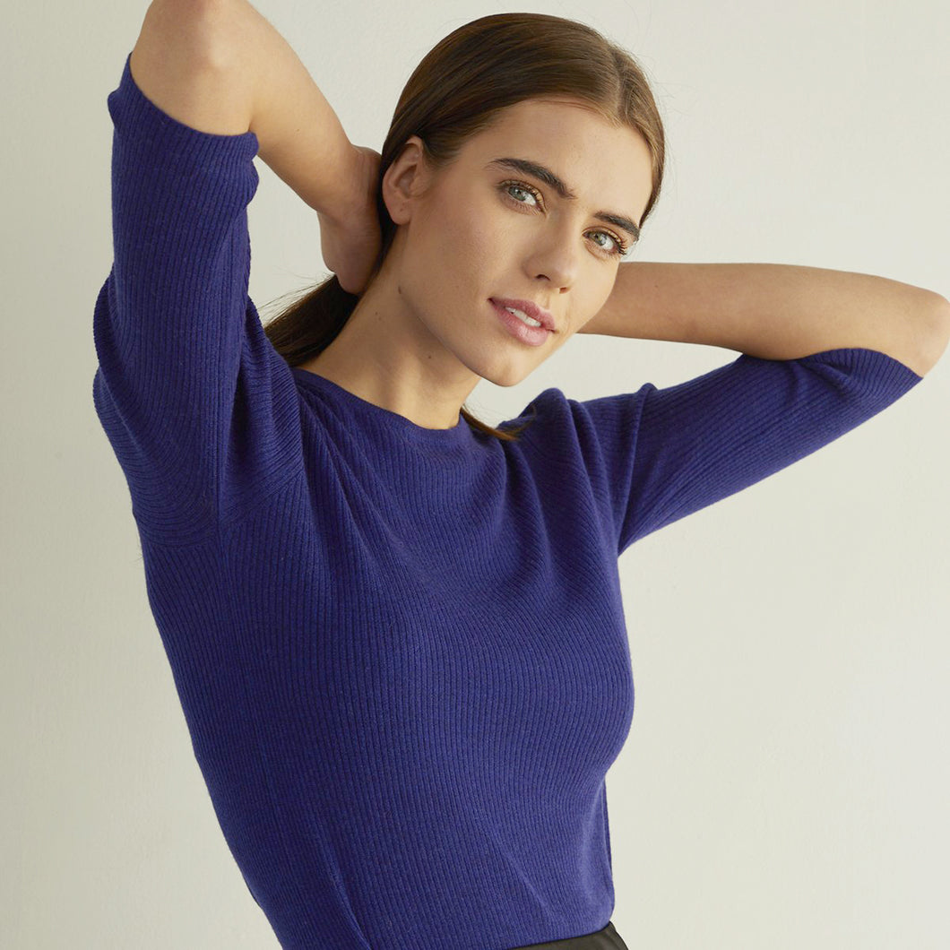 Ribbed Elbow Puff Sleeve Crew in Blue
