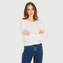 Load image into Gallery viewer, Leaf Pointelle Bishop Sleeve Crew in White