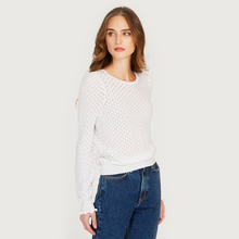 Load image into Gallery viewer, Leaf Pointelle Bishop Sleeve Crew in White