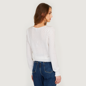 Leaf Pointelle Bishop Sleeve Crew in White