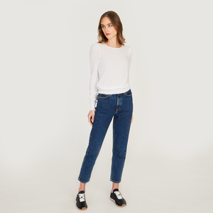 Leaf Pointelle Bishop Sleeve Crew in White