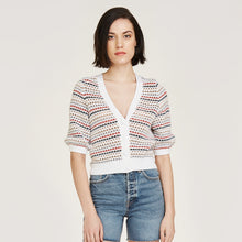 Load image into Gallery viewer, Women&#39;s Multi Stripe Pointelle Stitch Puff Sleeve Cardigan in Neutral Multi by Autumn Cashmere.