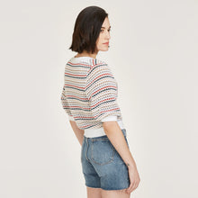 Load image into Gallery viewer, Women&#39;s Multi Stripe Pointelle Stitch Puff Sleeve Cardigan in Neutral Multi by Autumn Cashmere.