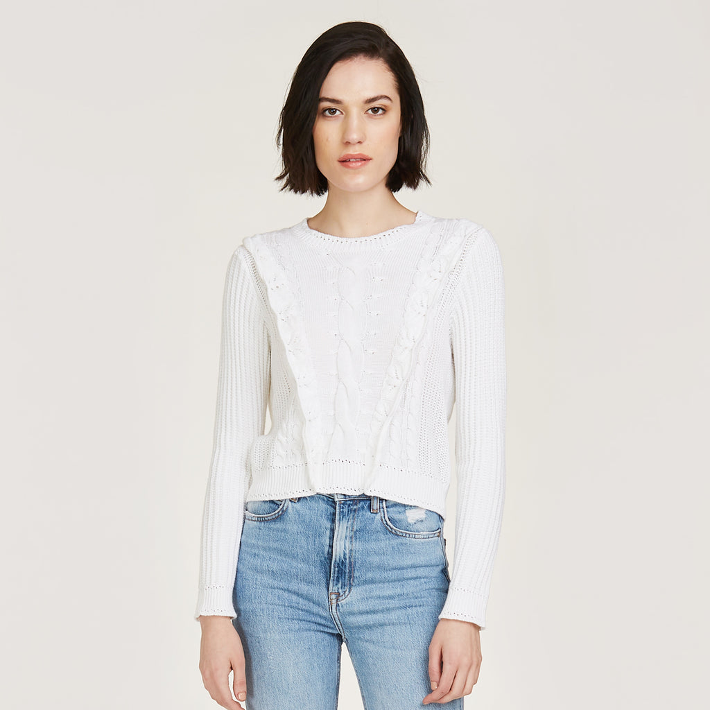 Pointelle Cable Shaker Crew in White by Autumn Cashmere. Women's Cotton Pullover.