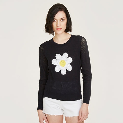 Crochet Daisy Crew by Autumn Cashmere. Women's Cotton Daisy Sweater in option of Navy Blue or Pink Rose. 100% Cotton from Italy