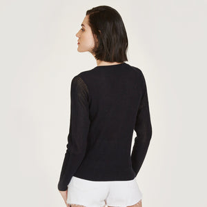 Crochet Daisy Crew by Autumn Cashmere. Women's Cotton Daisy Sweater in option of Navy Blue or Pink Rose. 100% Cotton from Italy