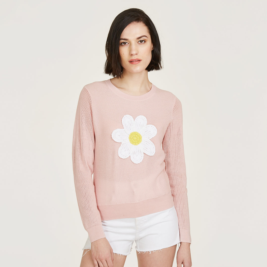 Crochet Daisy Crew by Autumn Cashmere. Women's Cotton Daisy Sweater in option of Navy Blue or Pink Rose. 100% Cotton from Italy
