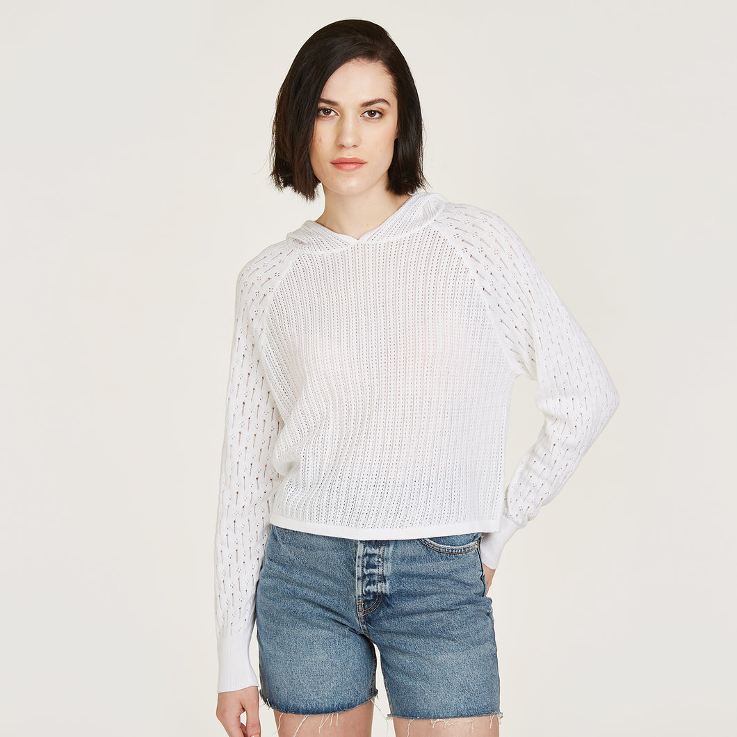 Mixed Stitch Hoodie in Bleach White by Autumn Cashmere. Women's Cotton Breathable Hoodie Lightweight Pullover. 100% Cotton from Italy