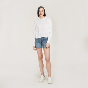 Mixed Stitch Hoodie in Bleach White by Autumn Cashmere. Women's Cotton Breathable Hoodie Lightweight Pullover. 100% Cotton from Italy