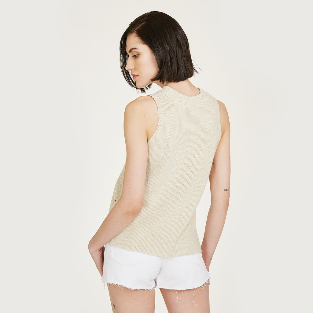 Sleeveless Shaker Crew in Hemp Beige by Autumn Cashmere. Women's Long Sleeveless Top. 100% Cotton