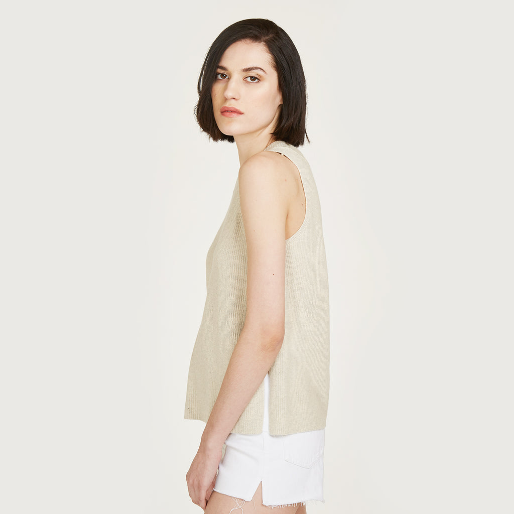 Sleeveless Shaker Crew in Hemp Beige by Autumn Cashmere. Women's Long Sleeveless Top. 100% Cotton