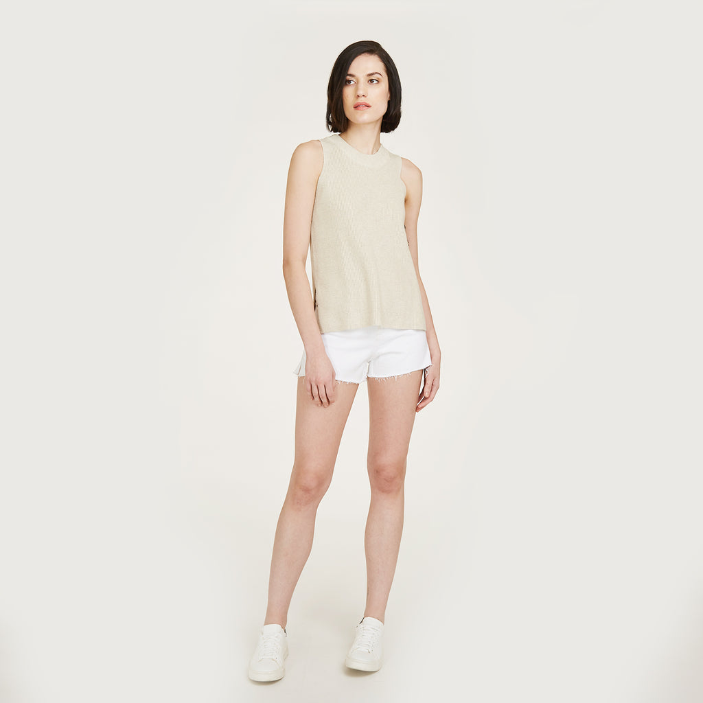 Sleeveless Shaker Crew in Hemp Beige by Autumn Cashmere. Women's Long Sleeveless Top. 100% Cotton