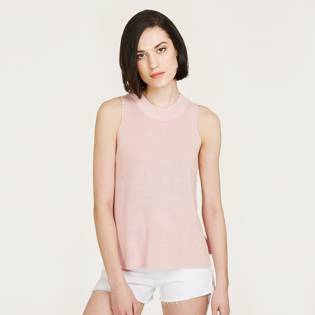 Sleeveless Shaker Crew in Pink Rose by Autumn Cashmere. Women's Long Sleeveless Top. 100% Cotton