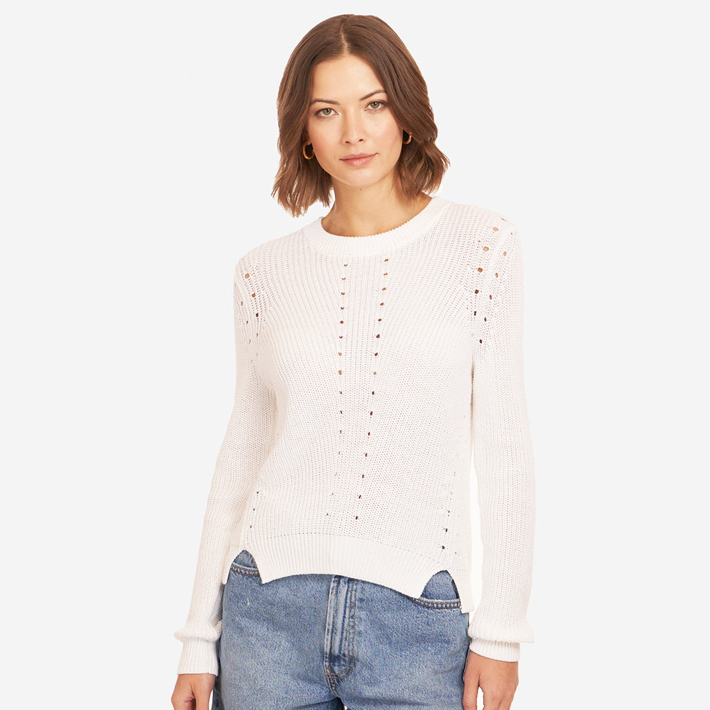 Women's White L/S Shaker Crewneck Pointelle Details by Autumn Cashmere. 100% Cotton.