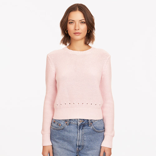 Women’s Pink Reverse Jersey Pointelle Crew Top by Autumn Cashmere. 100% Cotton.