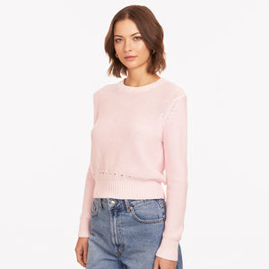 Women’s Pink Reverse Jersey Pointelle Crew Top by Autumn Cashmere. 100% Cotton.