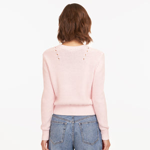Women’s Pink Reverse Jersey Pointelle Crew Top by Autumn Cashmere. 100% Cotton.