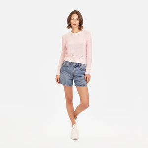 Women’s Pink Reverse Jersey Pointelle Crew Top by Autumn Cashmere. 100% Cotton.