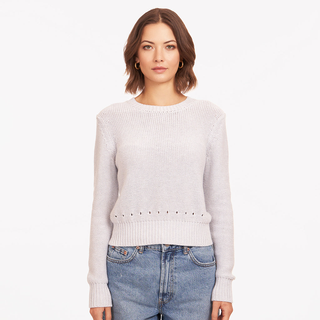 Women’s White Reverse Jersey Pointelle Crew Top by Autumn Cashmere. 100% Cotton.