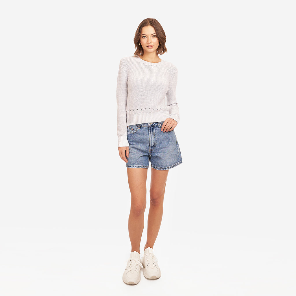 Women’s White Reverse Jersey Pointelle Crew Top by Autumn Cashmere. 100% Cotton.