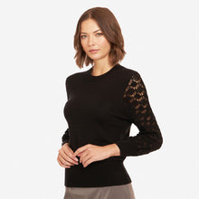 Load image into Gallery viewer, Women&#39;s Black Crewneck Diamond Stitch Sleeve Top by Autumn Cashmere. 100% Cotton