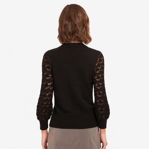 Women's Black Crewneck Diamond Stitch Sleeve Top by Autumn Cashmere. 100% Cotton