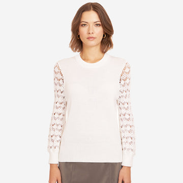 Women's White Crewneck Diamond Stitch Sleeve Top by Autumn Cashmere. 100% Cotton