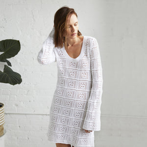 Women's Scoop Neck Patchwork Mini Dress with Bell Sleeve by Autumn Cashmere. 100% Cotton