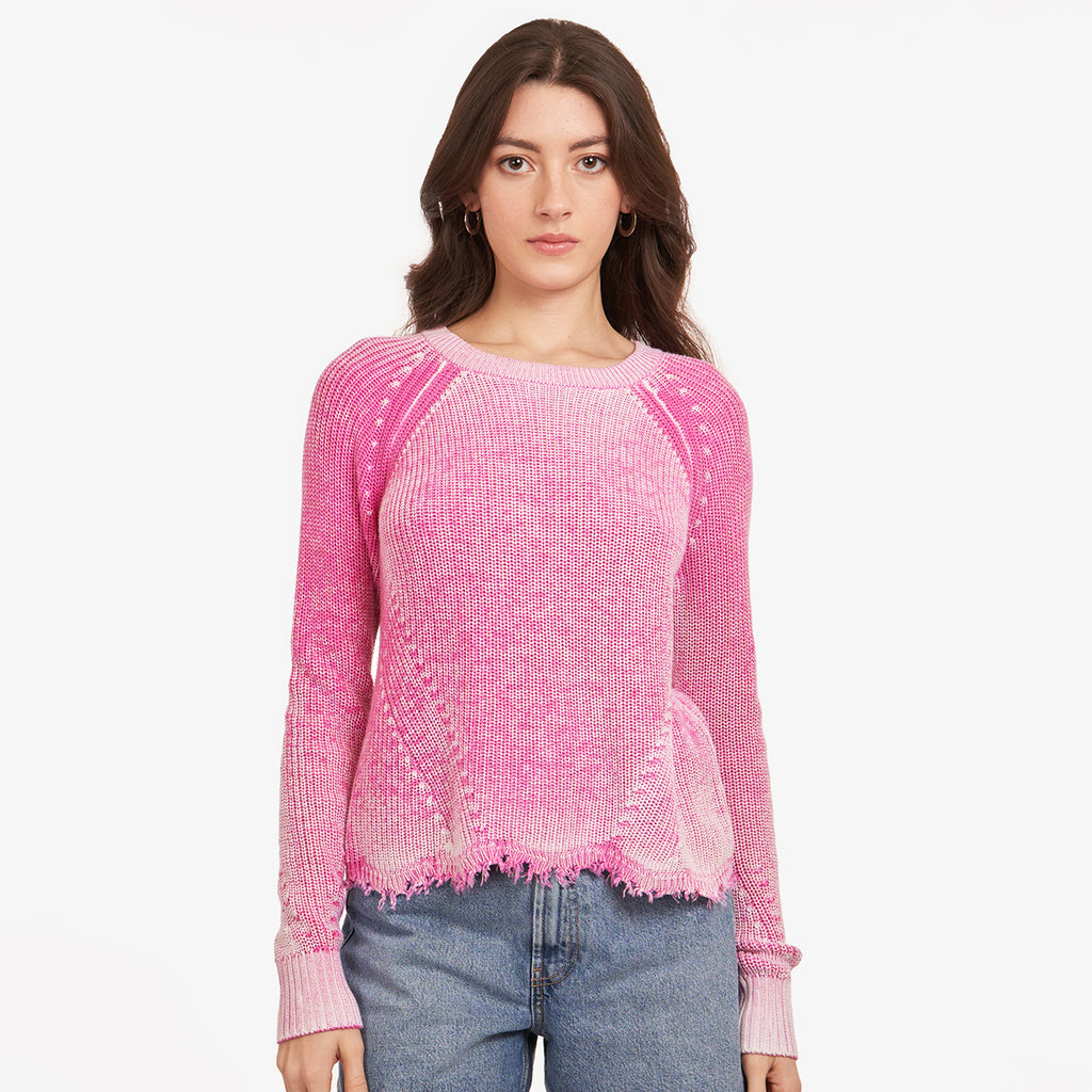 Women Neon Inked Scallop Shaker Crew by Autumn Cashmere. Bubble Gum. 100% Cotton