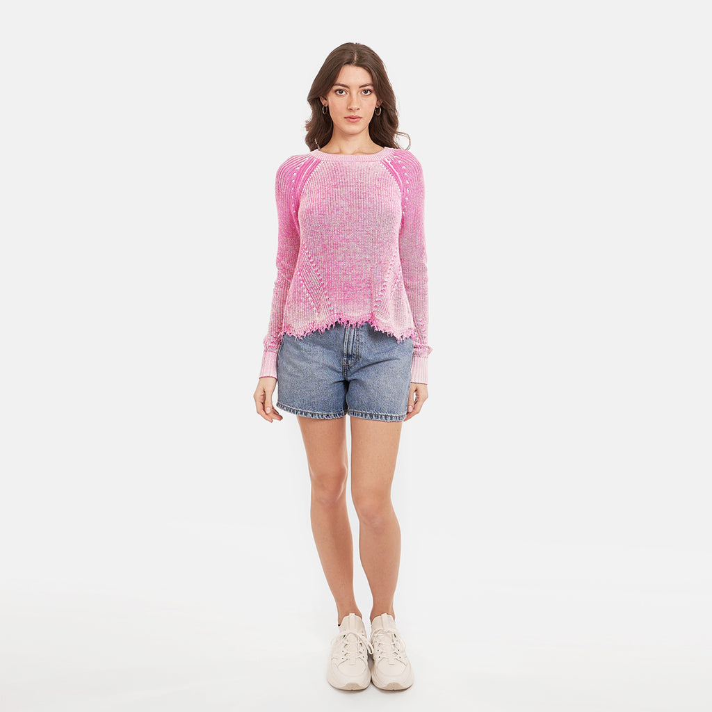 Women Neon Inked Scallop Shaker Crew by Autumn Cashmere. Bubble Gum. 100% Cotton