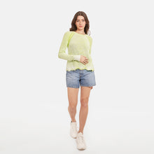 Load image into Gallery viewer, Women Neon Inked Scallop Shaker Crew by Autumn Cashmere. Tennis Ball. 100% Cotton