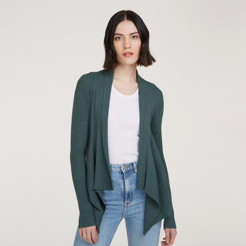 Women's Cotton Rib Drape Cardigan in Fatigue Green by Autumn Cashmere.