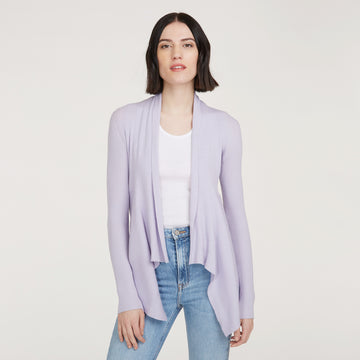 Women's Cotton Rib Drape Cardigan in Vapor Purple Lavender by Autumn Cashmere.