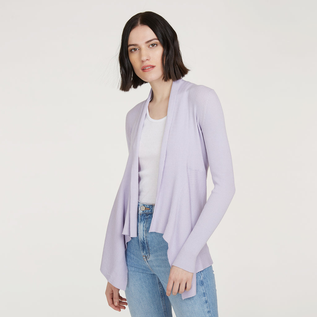 Women's Cotton Rib Drape Cardigan in Vapor Purple Lavender by Autumn Cashmere.