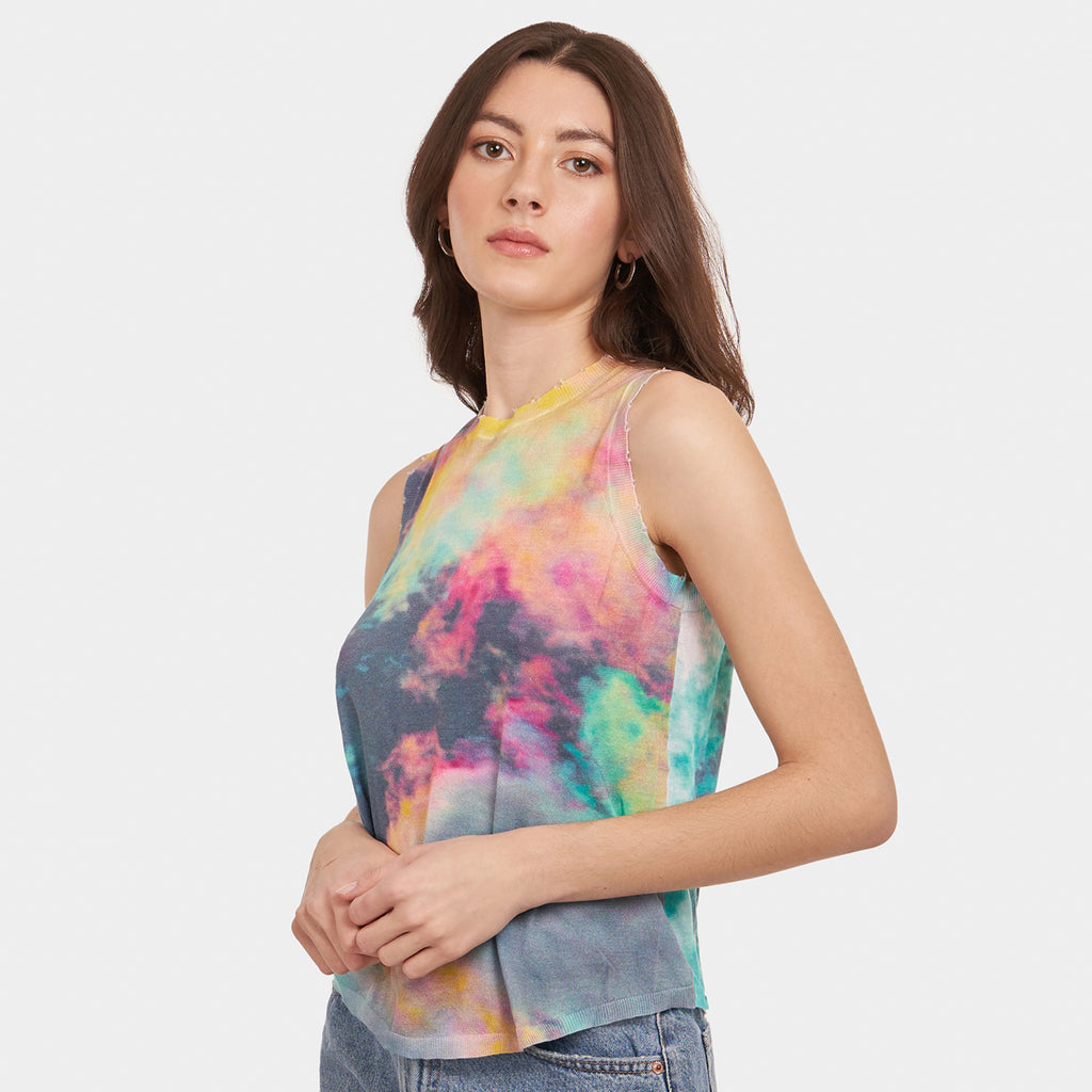 Women’s Distressed Edge Cloud Print Muscle Tee by Autumn Cashmere. 100% Cotton.