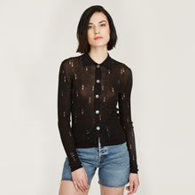 Load image into Gallery viewer, Distressed Rib Stitch Polo Shirt in Black by Autumn Cashmere. Women&#39;s Distressed Sweater. 100% Cotton from Italy