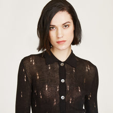 Load image into Gallery viewer, Distressed Rib Stitch Polo Shirt in Black by Autumn Cashmere. Women&#39;s Distressed Sweater. 100% Cotton from Italy