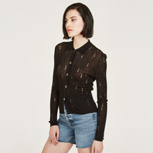 Load image into Gallery viewer, Distressed Rib Stitch Polo Shirt in Black by Autumn Cashmere. Women&#39;s Distressed Sweater. 100% Cotton from Italy