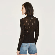 Load image into Gallery viewer, Distressed Rib Stitch Polo Shirt in Black by Autumn Cashmere. Women&#39;s Distressed Sweater. 100% Cotton from Italy