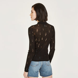 Distressed Rib Stitch Polo Shirt in Black by Autumn Cashmere. Women's Distressed Sweater. 100% Cotton from Italy