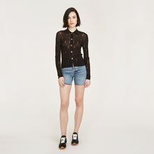 Load image into Gallery viewer, Distressed Rib Stitch Polo Shirt in Black by Autumn Cashmere. Women&#39;s Distressed Sweater. 100% Cotton from Italy