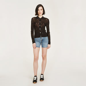Distressed Rib Stitch Polo Shirt in Black by Autumn Cashmere. Women's Distressed Sweater. 100% Cotton from Italy