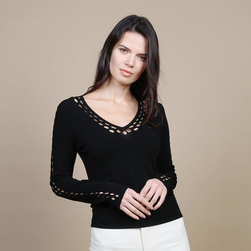 Open Pointelle V & Sleeves in Black