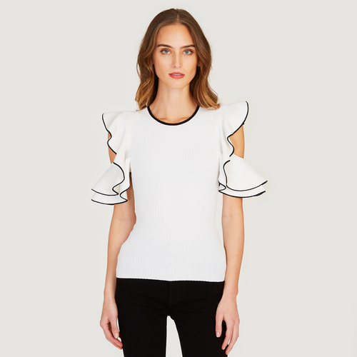 Autumn Cashmere | Women's White Tipped Rib Flounce Sleeve Crew | Viscose