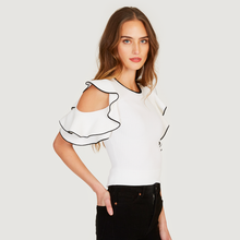 Load image into Gallery viewer, Autumn Cashmere | Women&#39;s White Tipped Rib Flounce Sleeve Crew | Viscose