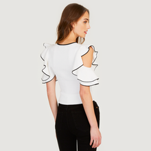 Load image into Gallery viewer, Autumn Cashmere | Women&#39;s White Tipped Rib Flounce Sleeve Crew | Viscose