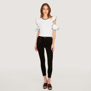 Autumn Cashmere | Women's White Tipped Rib Flounce Sleeve Crew | Viscose