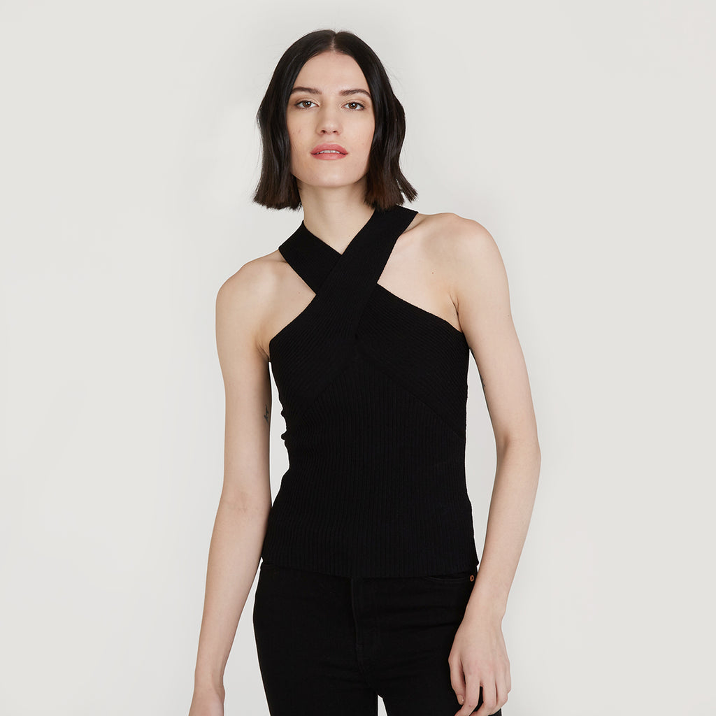 Rib Crisscross Halter in Black by Autumn Cashmere. Women's Black Top. Viscose Blend from Italy.