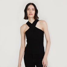 Load image into Gallery viewer, Rib Crisscross Halter in Black by Autumn Cashmere. Women&#39;s Black Top. Viscose Blend from Italy.